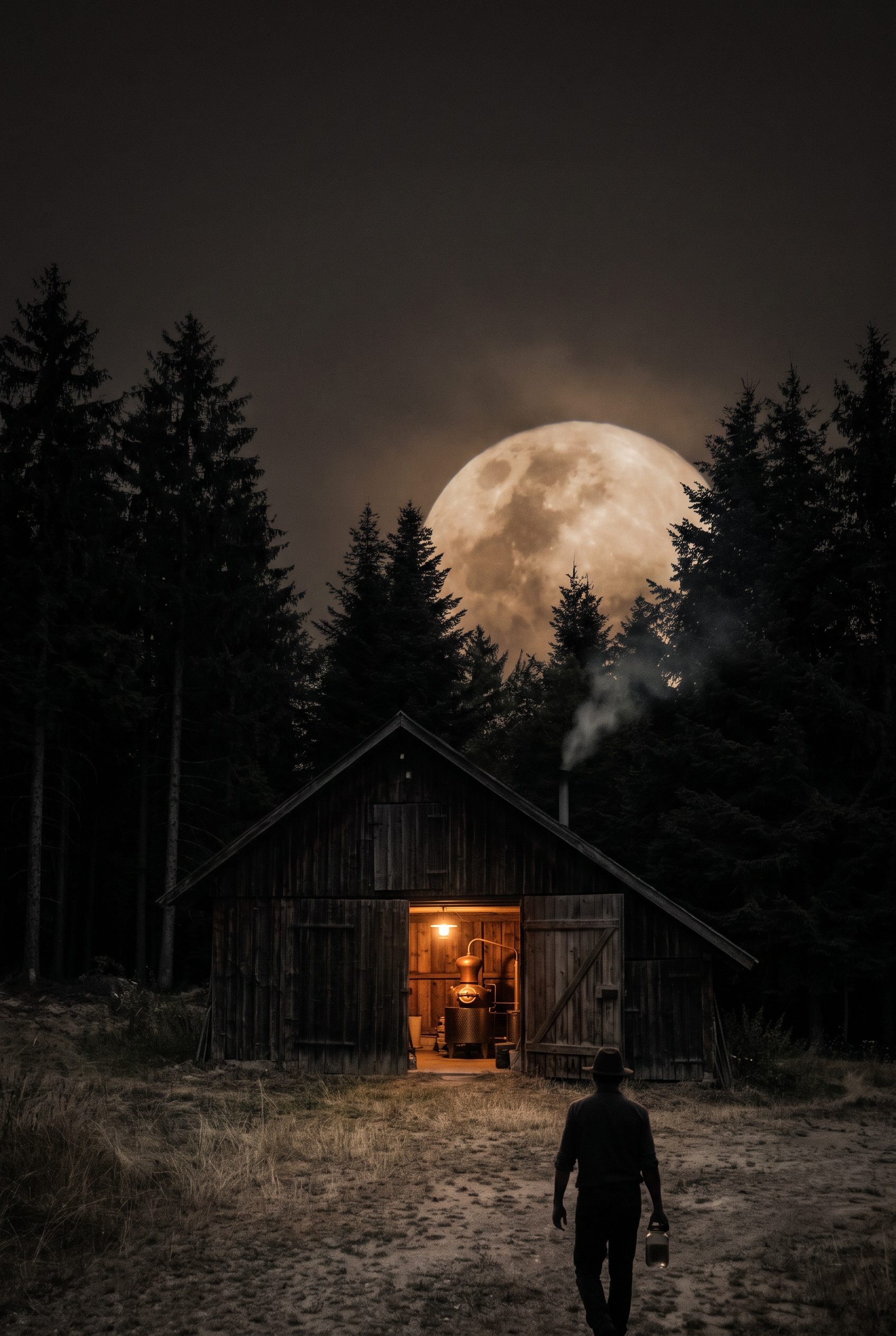 Still House bei Nacht, Vollmond über der Baumlinie